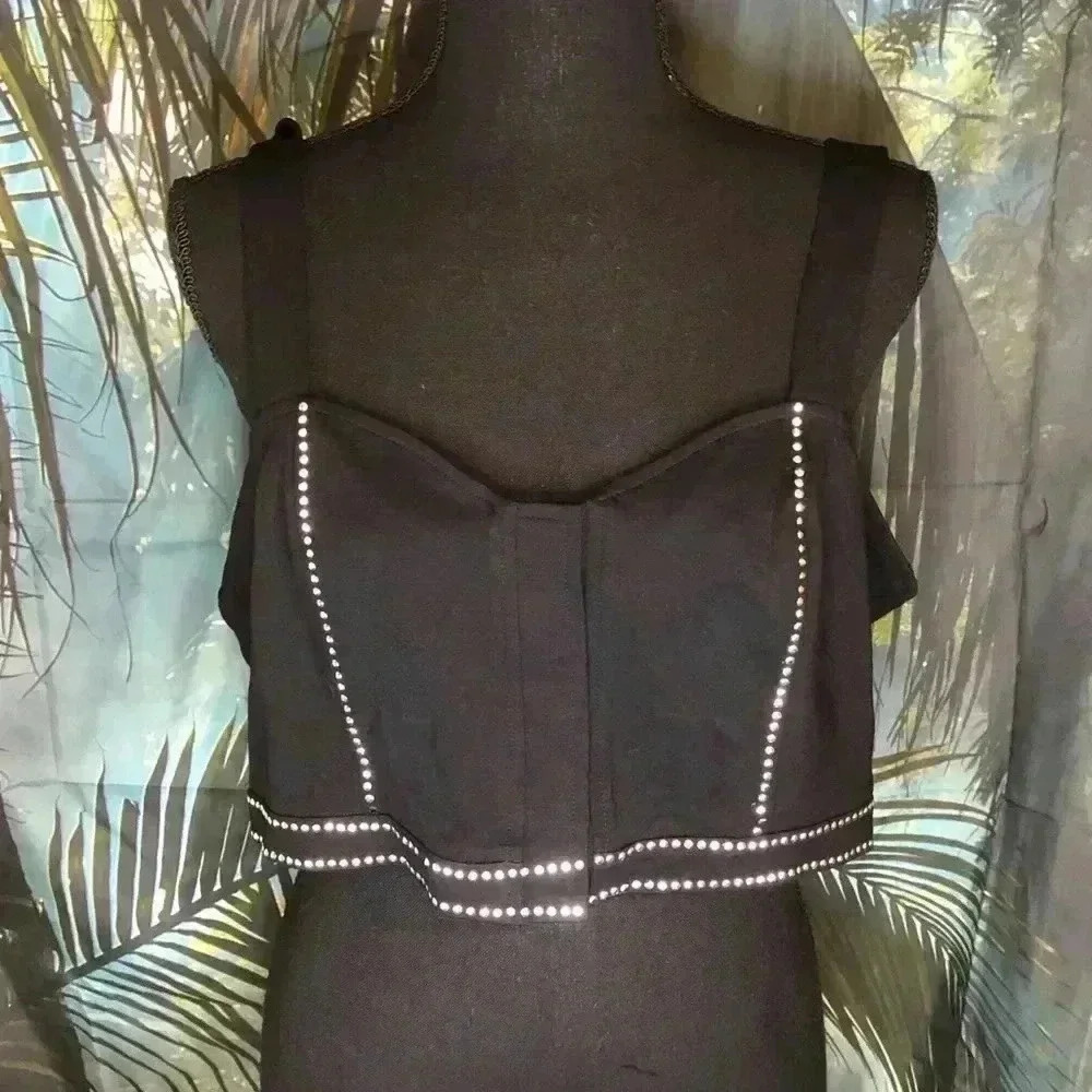 Black V-Neck Sleeveless Tank Top with Embellished Detail